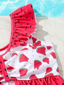 Conjunto de bikini con estampado de sandía y ribete de volantes para niña preadolescente, playa de verano - Rojo y blanco - Ver 3