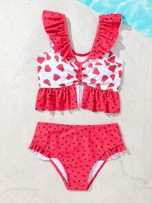 Conjunto de bikini con estampado de sandía y ribete de volantes para niña preadolescente, playa de verano - Rojo y blanco - Ver 5