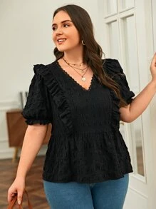 SHEIN Frenchy Blusa ribete con fruncido de manga farol - Negro - Ver 3
