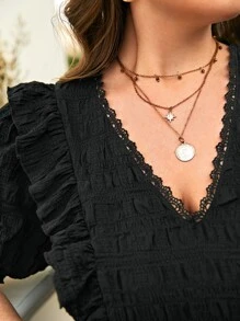SHEIN Frenchy Blusa ribete con fruncido de manga farol - Negro - Ver 2