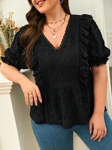 SHEIN Frenchy Blusa ribete con fruncido de manga farol - Negro - Ver 1