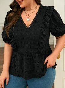 SHEIN Frenchy Blusa ribete con fruncido de manga farol - Negro - Ver 4