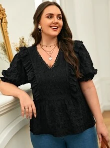 SHEIN Frenchy Blusa ribete con fruncido de manga farol - Negro - Ver 5