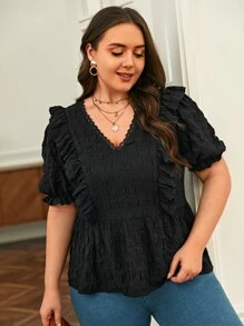 SHEIN Frenchy Blusa ribete con fruncido de manga farol - Negro - Ver 7