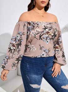 SHEIN VCAY Plus Floral Print Off Shoulder Blouse - Multicolor - View 4