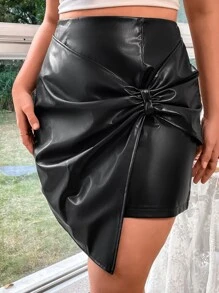 Celure Plus Knot Side PU Leather Skirt - Black - View 3
