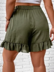 SHEIN Franclia Quần Short kích thước lớn Nút Viên lá sen màu trơn Giải trí - xanh quân đội - Xem 2