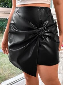 Celure Plus Knot Side PU Leather Skirt - Black - View 5