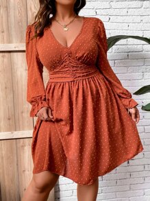 Franclia Plus Swiss Dot Ruched A-line Dress
