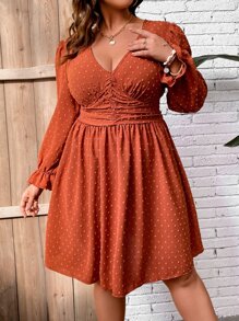 Franclia Plus Swiss Dot Ruched A-line Dress
