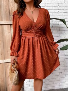 Franclia Plus Swiss Dot Ruched A-line Dress