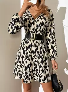 SHEIN Tall 滿版印花燈籠袖連衣裙不附腰帶 - 杏色 - 查看 1