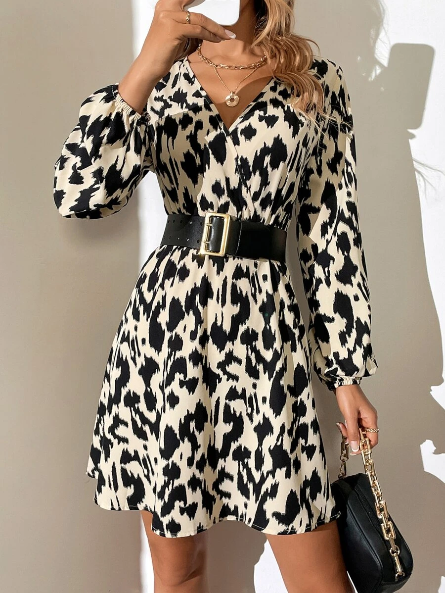 SHEIN Tall 滿版印花燈籠袖連衣裙不附腰帶 - 杏色 - 查看 1