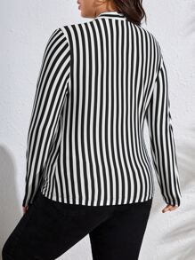 SHEIN Privé 大碼條紋印花繫帶領T恤 - 黑與白 - 查看 2