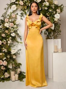 SHEIN Belle Ruffle Trim Maxi Bridesmaid Dress - Mustard Yellow - View 1