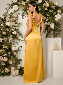 SHEIN Belle Ruffle Trim Maxi Bridesmaid Dress - Mustard Yellow - View 2