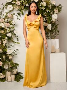SHEIN Belle Ruffle Trim Maxi Bridesmaid Dress - Mustard Yellow - View 5