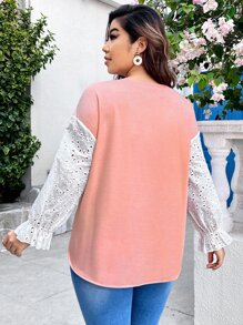 SHEIN LUNE Plus Contrast Schiffy Sleeve Sweatshirt - Coral Pink - View 2