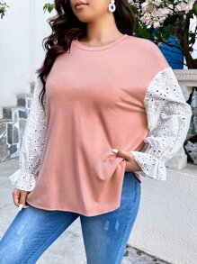 SHEIN LUNE Plus Contrast Schiffy Sleeve Sweatshirt - Coral Pink - View 4