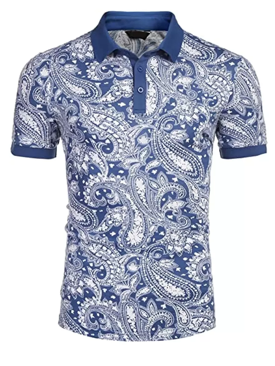 男士佩斯利印花POLO衫 - 藍白色 - 查看 1