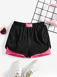 SHEIN Girls Letter Patch Detail 2 In 1 Shorts - Black - View 1