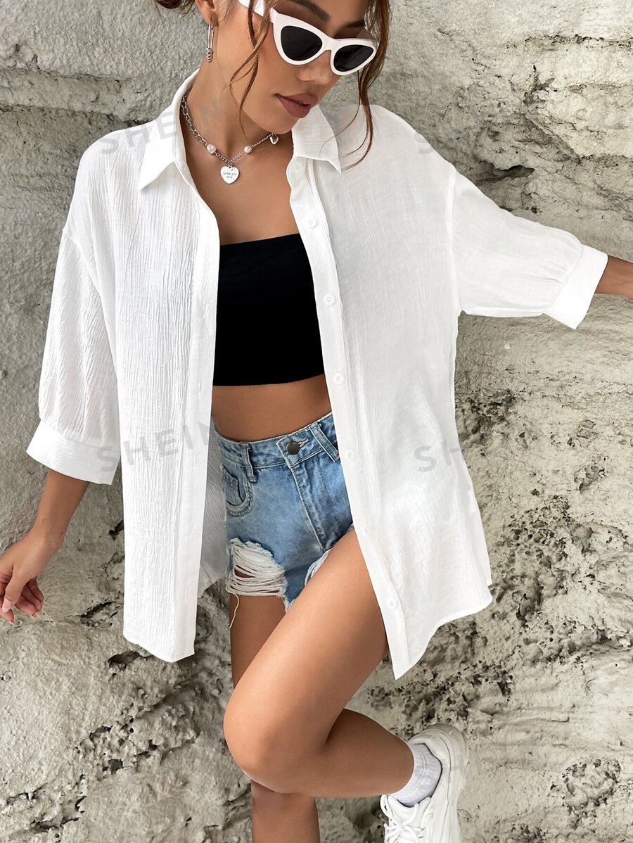 SHEIN EZwear Spring And Summer Shirts White Casual Solid Drop Shoulder ...