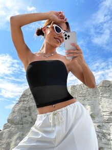 SHEIN EZwear Solid Crop Tube Top - Black - View 3
