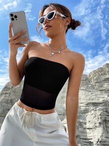 SHEIN EZwear Solid Crop Tube Top - Black - View 5