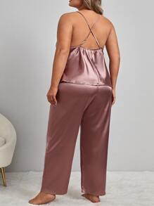 Plus Draped Collar Satin Cami PJ Set - Dusty Pink - View 2