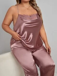 Plus Draped Collar Satin Cami PJ Set - Dusty Pink - View 3