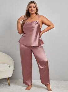 Plus Draped Collar Satin Cami PJ Set - Dusty Pink - View 4