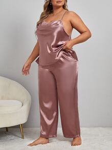 Plus Draped Collar Satin Cami PJ Set - Dusty Pink - View 5