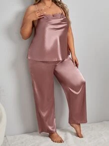 Plus Draped Collar Satin Cami PJ Set - Dusty Pink - View 6