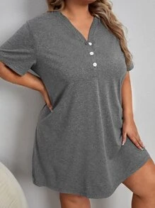 Plus Half Button Pajama Night Dress - Dark Grey - View 3