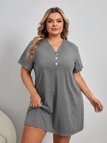 Plus Half Button Pajama Night Dress - Dark Grey - View 4