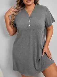 Plus Half Button Pajama Night Dress - Dark Grey - View 1