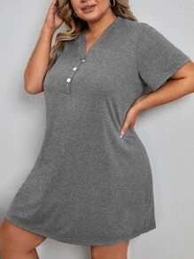 Plus Half Button Pajama Night Dress - Dark Grey - View 5