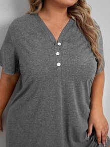 Plus Half Button Pajama Night Dress - Dark Grey - View 6