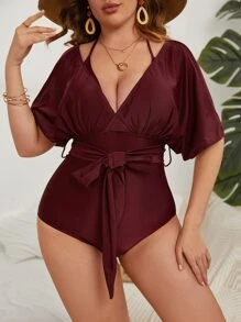 SHEIN Swim Curve Plus Size Plain Belted One Piece Swimsuit Summer - Maroon - View 1