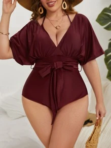 SHEIN Swim Curve Plus Size Plain Belted One Piece Swimsuit Summer - Maroon - View 6