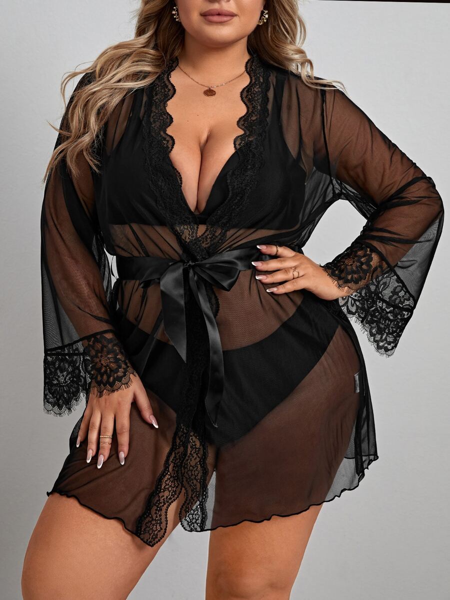 Bộ áo choàng & áo choàng kích thước lớn Thắt lưng cắt màu trơn Gợi cảm - màu đen - Xem 1