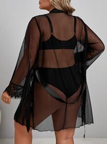 Bộ áo choàng & áo choàng kích thước lớn Thắt lưng cắt màu trơn Gợi cảm - màu đen - Xem 2