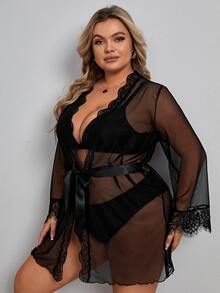 Bộ áo choàng & áo choàng kích thước lớn Thắt lưng cắt màu trơn Gợi cảm - màu đen - Xem 4