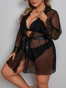 Bộ áo choàng & áo choàng kích thước lớn Thắt lưng cắt màu trơn Gợi cảm - màu đen - Xem 5