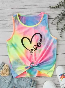 SHEIN Tween Girl Knitted Casual Tie Dye Crop Top With Heart Pattern Print - Multicolor - View 1