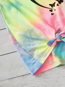 SHEIN Tween Girl Knitted Casual Tie Dye Crop Top With Heart Pattern Print - Multicolor - View 3