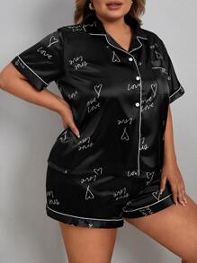 Plus Heart & Letter Graphic Contrast Piping Satin PJ Set - Black - View 1