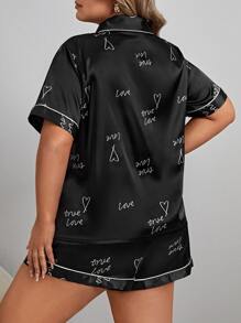 Plus Heart & Letter Graphic Contrast Piping Satin PJ Set - Black - View 2