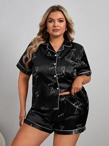 Plus Heart & Letter Graphic Contrast Piping Satin PJ Set - Black - View 3