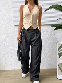 SHEIN EZwear Single Breasted Flap Detail Vest Blazer - Apricot - View 5